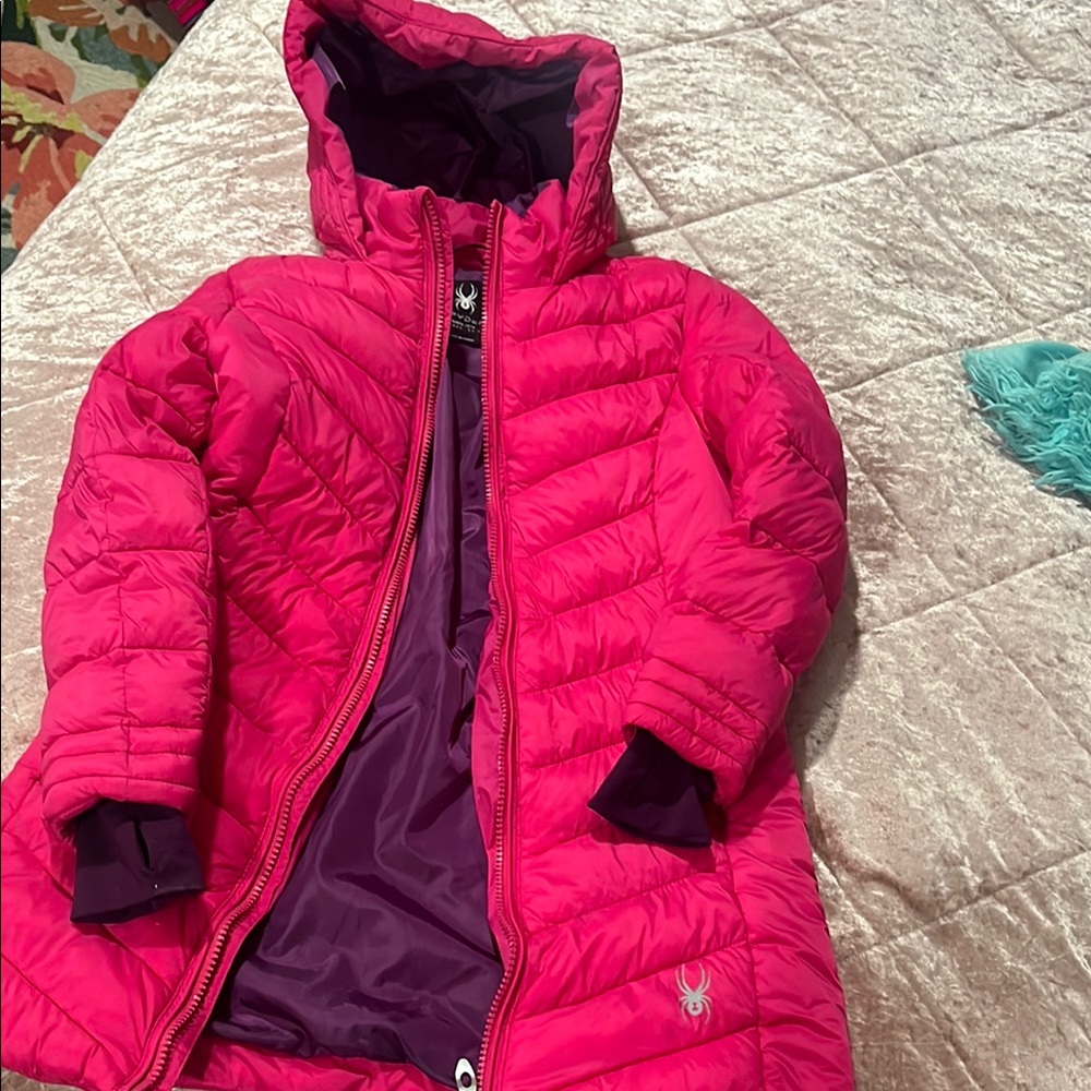 Spyder Pink and Purple Puffer Jacket with High Collar